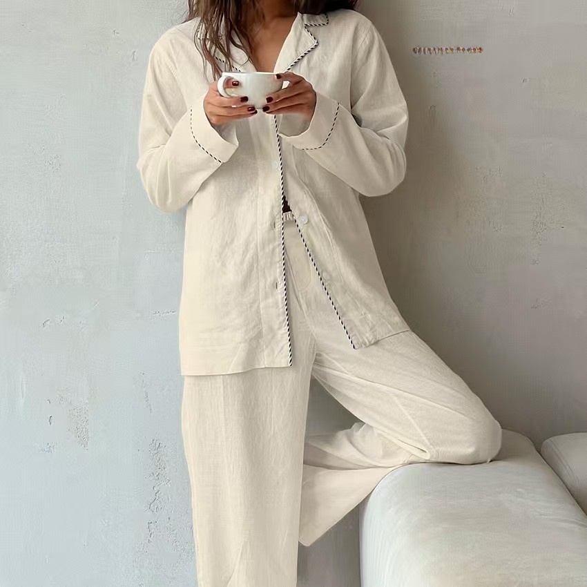طقم بيجامة نسائي قطني بخياطة م - مراجعة Linen Shirt Breathable وسعره