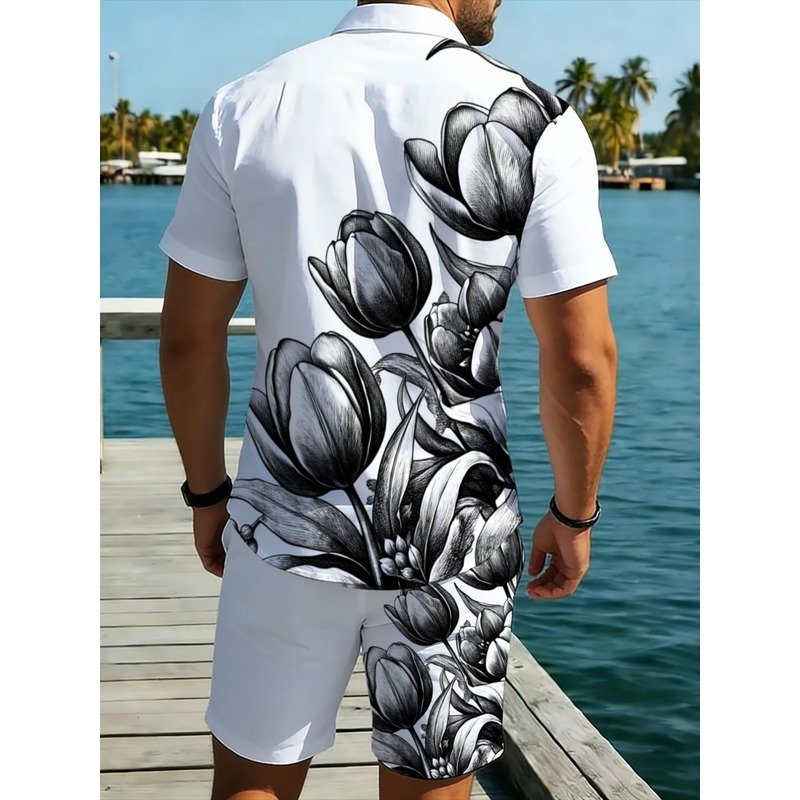 طقم قميص وشورت رجالي أبيض مطبو - مراجعة Resort Shirt Floral وسعره